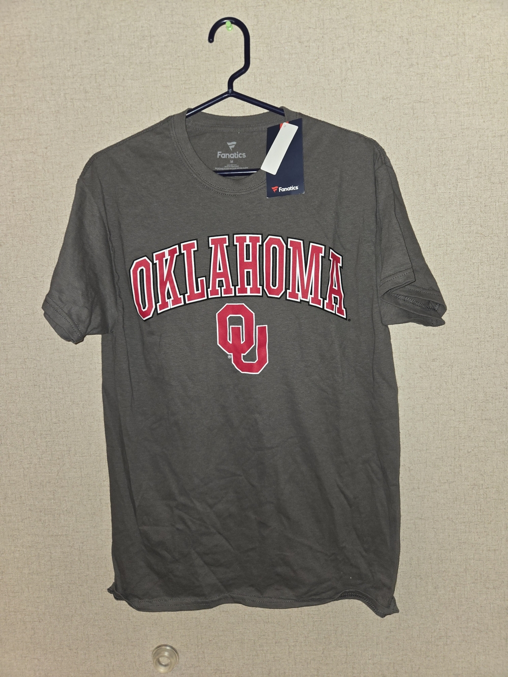 Fanatics Gray Oklahoma OU Short Sleeve Tee with Red Lettering